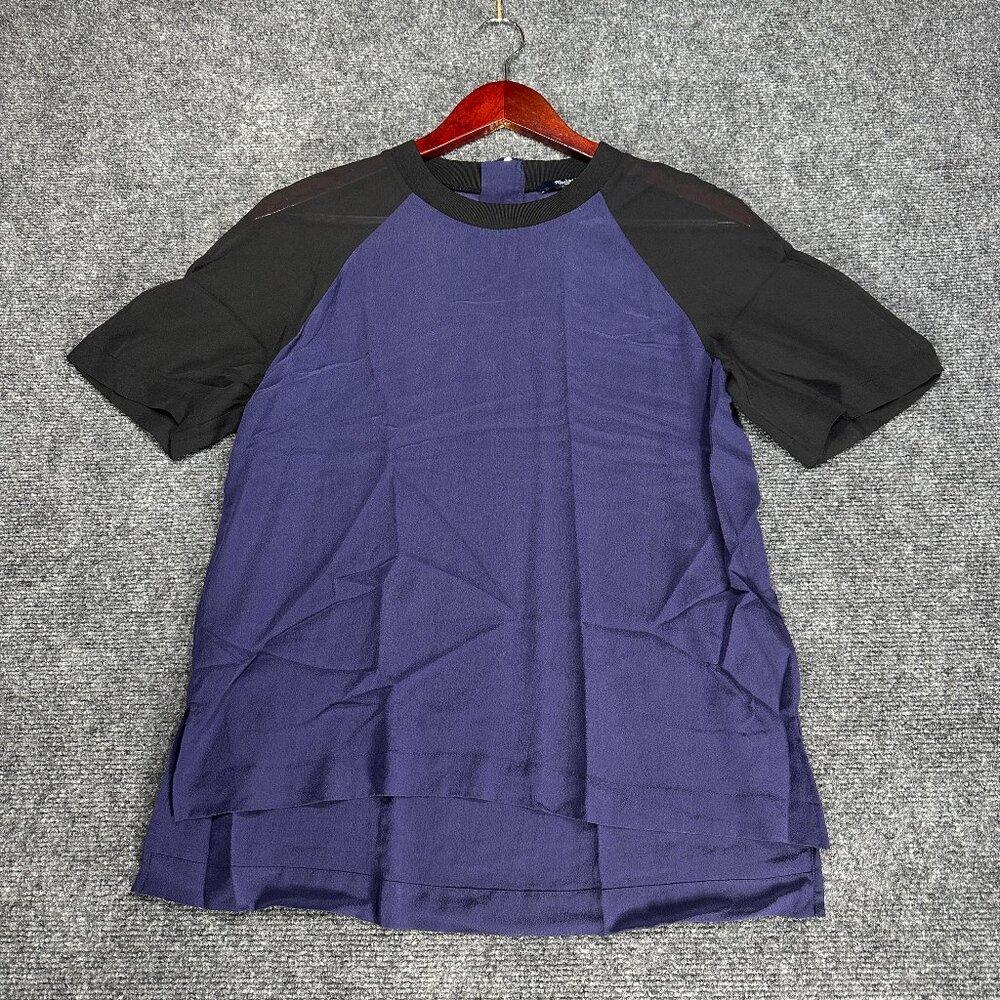 Madewell Top Womens Medium Blue Black Silk Colorblock Blouse Short Sleeve Zip